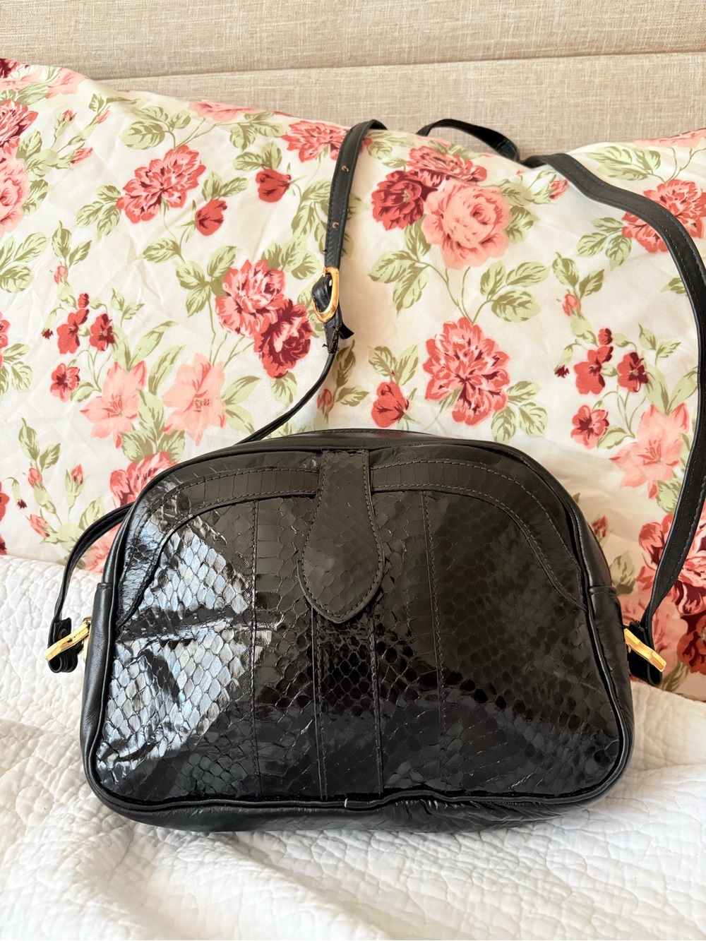 Maxime Black Patent Snake-Embossed Crossbody Bag